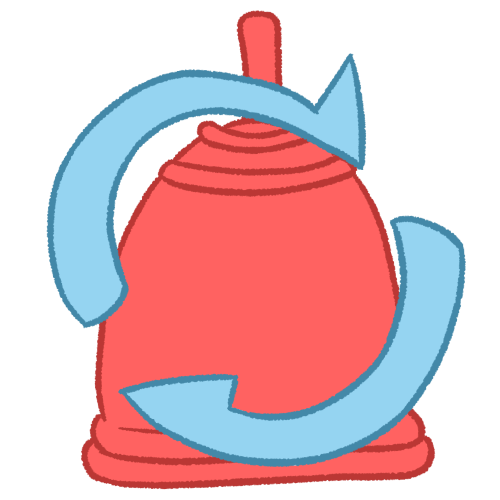 a pink menstrual cup with two circular blue arrows over it.